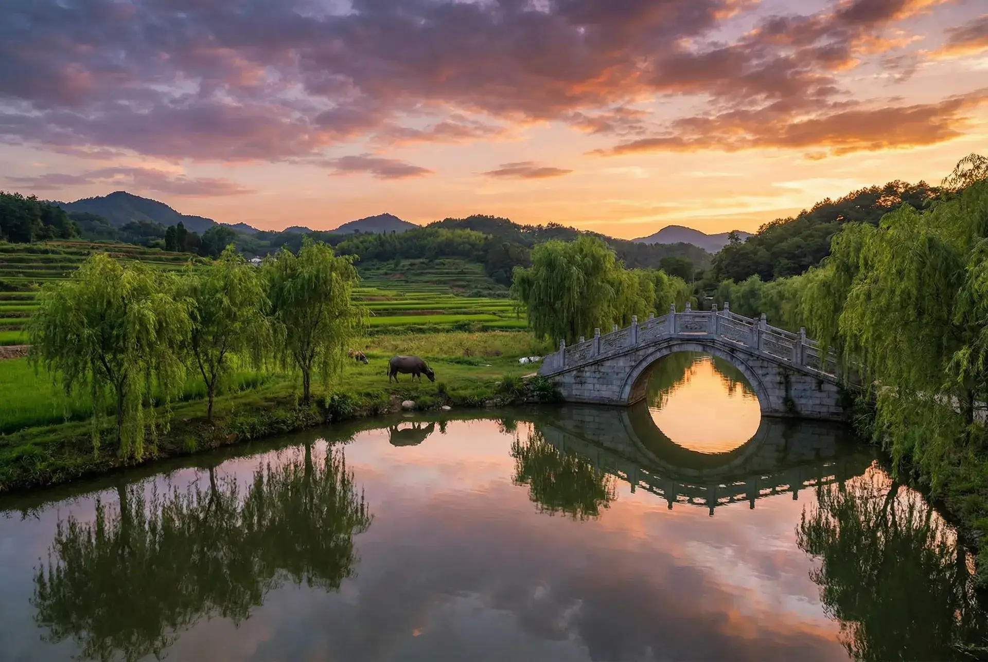 夕阳下的石拱桥与垂柳，水牛在河边吃草 - 导航站点 秘密 入口 乡村美景